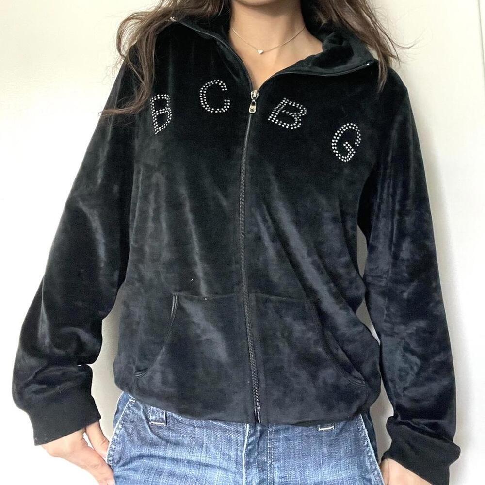 BCBGMAXAZRIA Black y2k velour zip-up jacket with rhinestone details